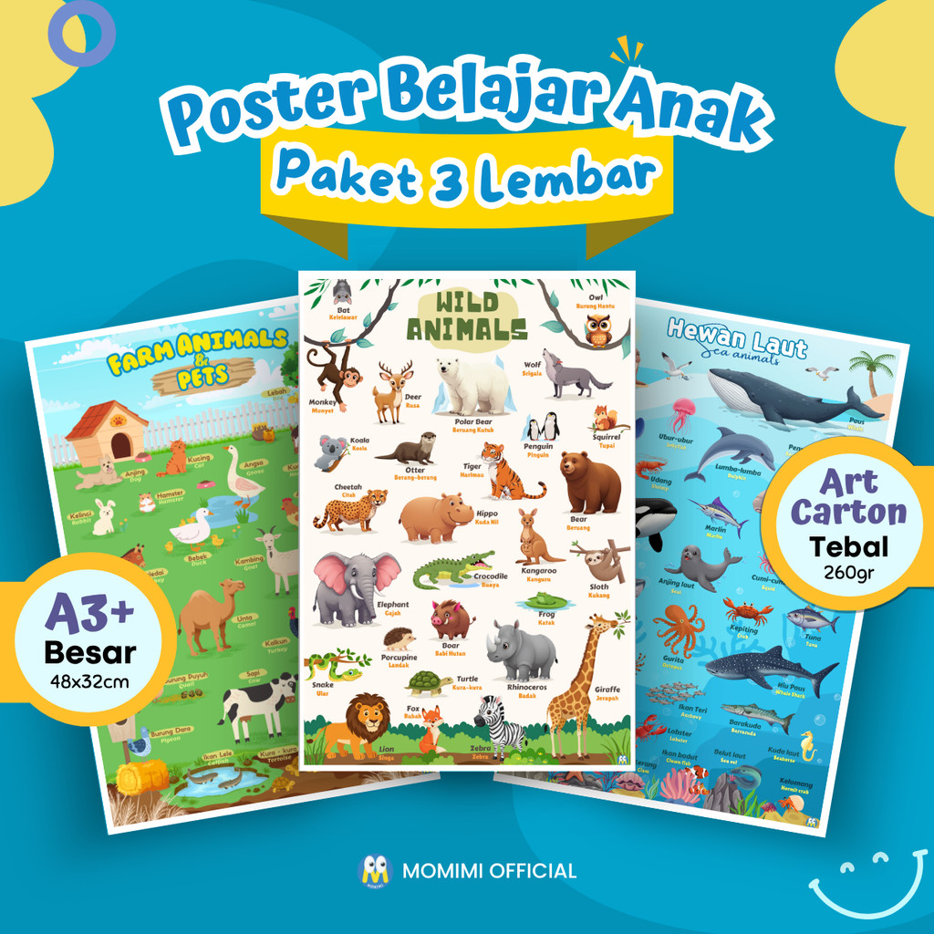 [ Paket 3 Lembar ] Poster Edukasi Hewan / Binatang untuk Belajar Anak Toddler Balita