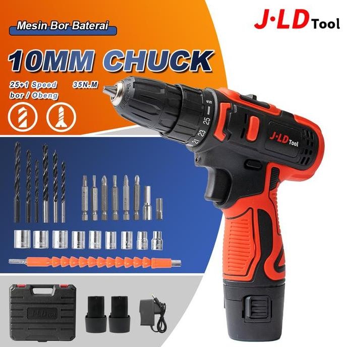 BELERAINTE- JLD 12VF Mesin Bor Baterai 10mm 2Baterai 1Set Lengkap Murah Bor Listrik 1750rpm 24Pcs Al