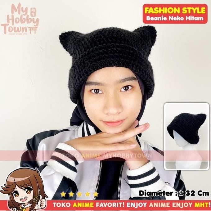 Topi Beanie Kupluk Cosplay Kucing Hitam Black Neko Cat