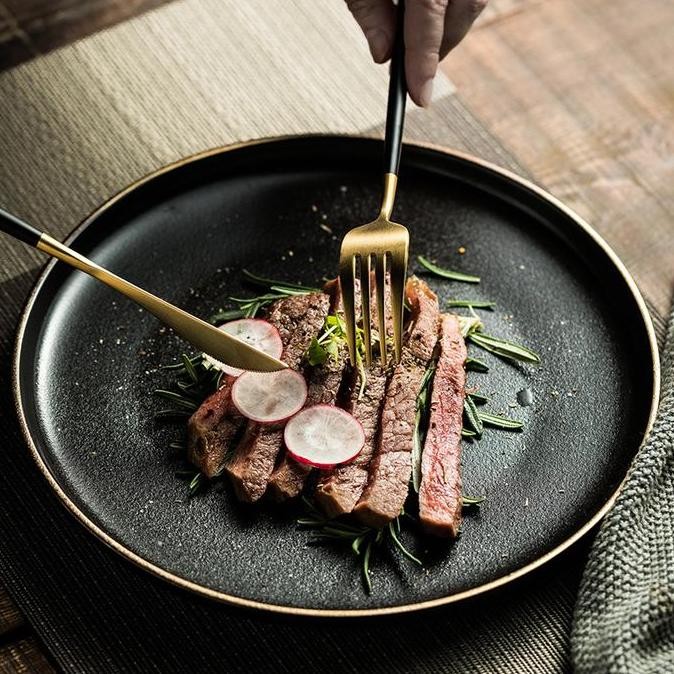 Black Matte Gold Plate Series / Piring Saji Makan Steak Keramik Hitam Matte Estetik Elegan Mewah