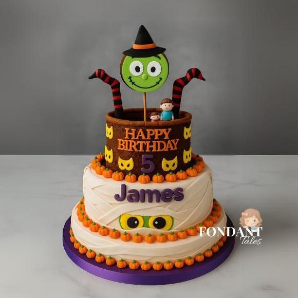 Spook & Smile Kue Ulang Tahun Halloween Lucu 2 Tingkat | Fondant Cake Custom Anak Tema Monster & Mum