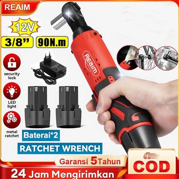 SINISTER- REAIM Kunci Rachet Listrik 12V 3/8" Cordless Electric Ratchet Wrench Set Torsi Kuat, Ringa