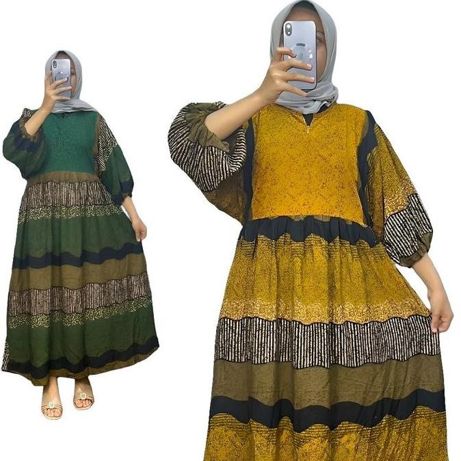 Promo Dress Batik Modern Kekinian Lengan Full Balon Gaun Wanita Remaja Dewasa Gamis Muslim LD 110 PB