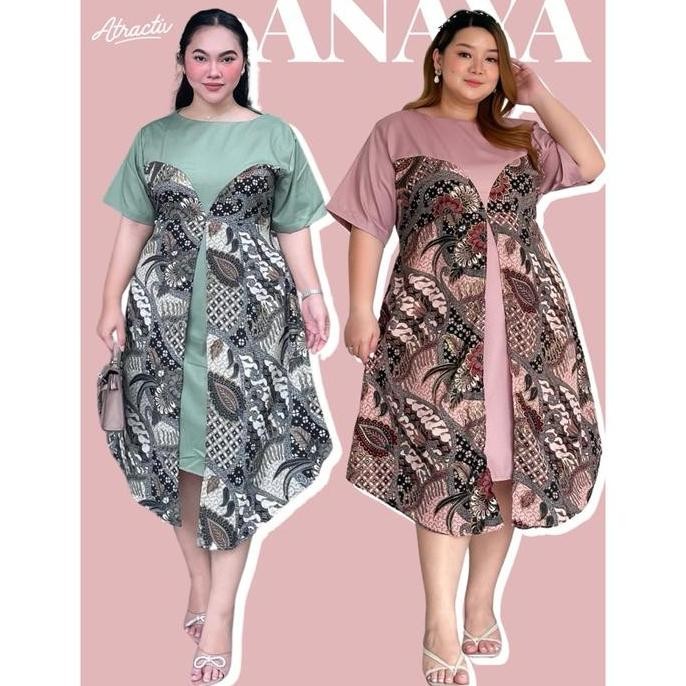 Promo ATRACTIV Dress Batik Jumbo Wanita LD120 LD130 LD142 Dress Batik Pink Jumbo Dress Batik Hijau S
