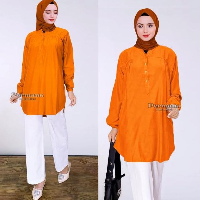 Promo Baju Atasan Blouse Wanita Kemeja Lengan Panjang Orange Jumbo Dewasa Muslim Rayon Nyaman Oversi