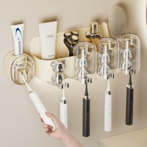 Tiang Gantung Gelas Sikat Gigi Beruang Tanpa Bor Alat Pemeras Pasta Gigi Otomatis