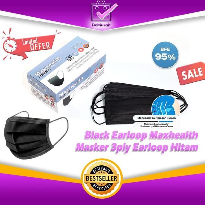 COD Black Earloop Maxhealth Masker 3ply Earloop Disposable Mask All Hitam