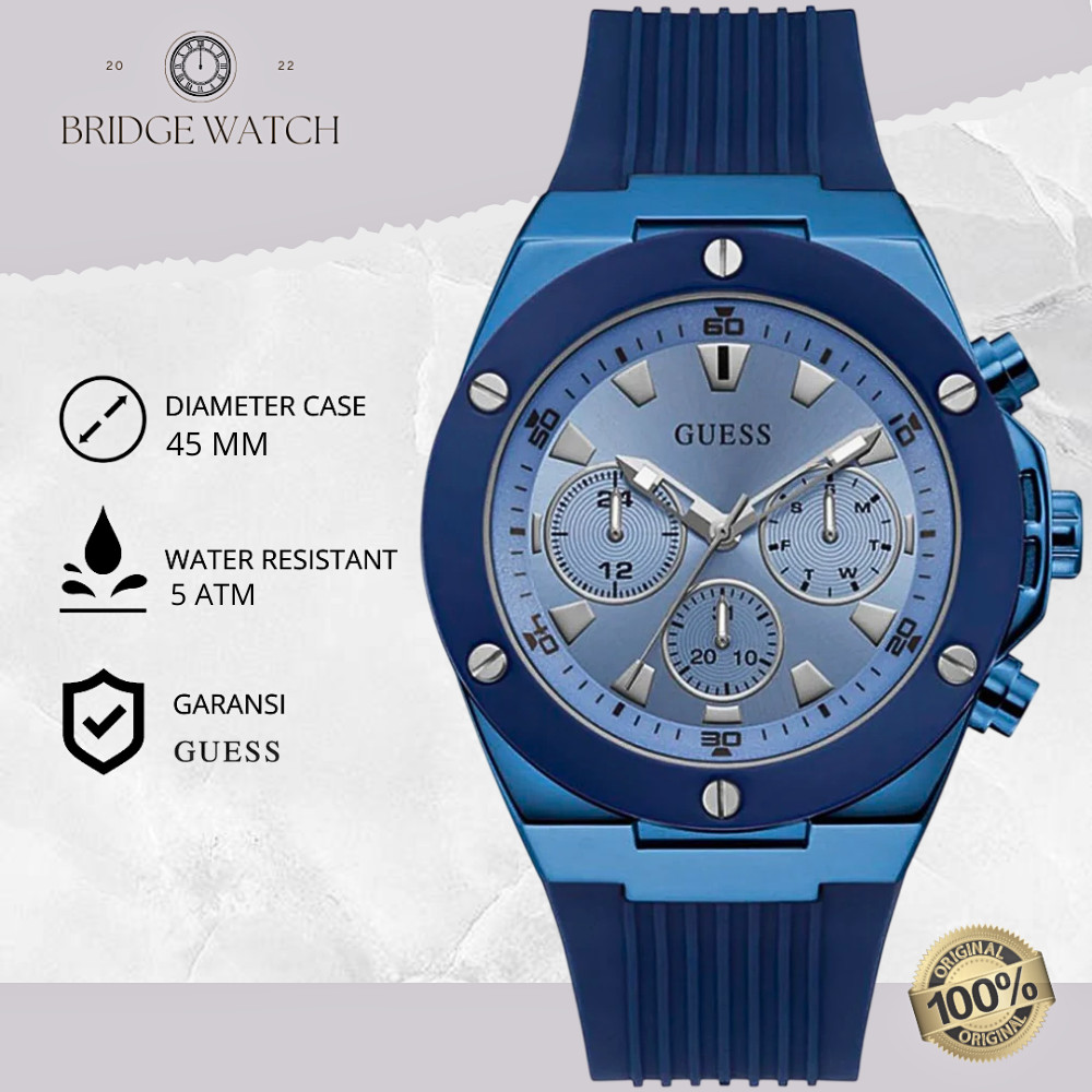 Jam Tangan Pria Guess Poseidon GW0057G3 Original Analog Chronograph Sporty Blue Rubber Strap Silicon
