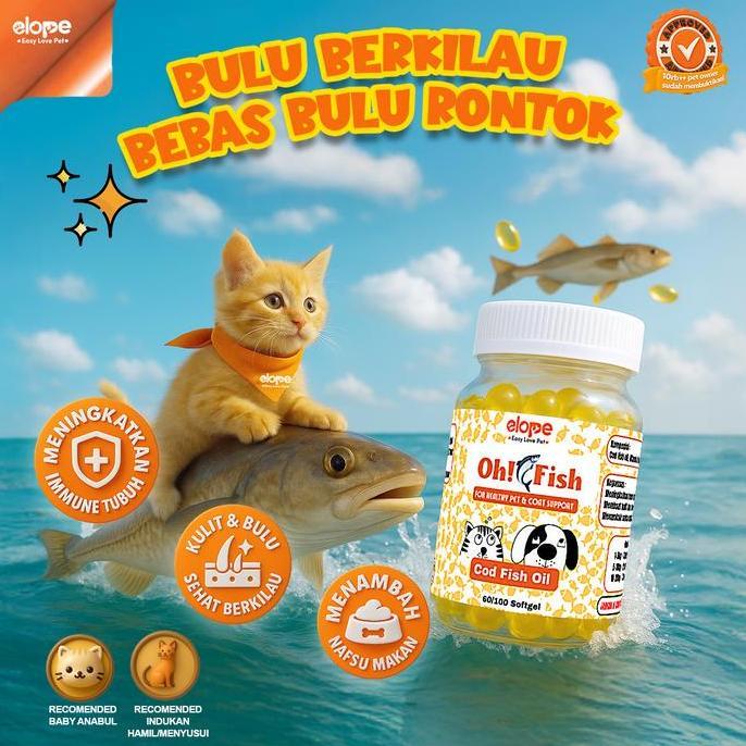 ELOPE OH FISH COD OIL MINYAK IKAN VITAMIN BULU HEWAN KUCING ANJING 100BUTIR