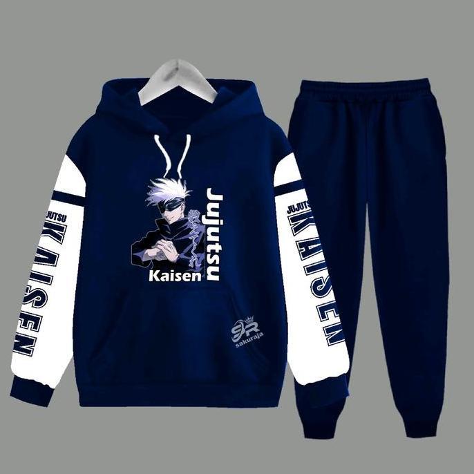 OOTD Stelan Hoodie Anak Karakter Jujutsu Kaisen Kombinasi Tangan Putih - Fashion - Baju & Celana OOT