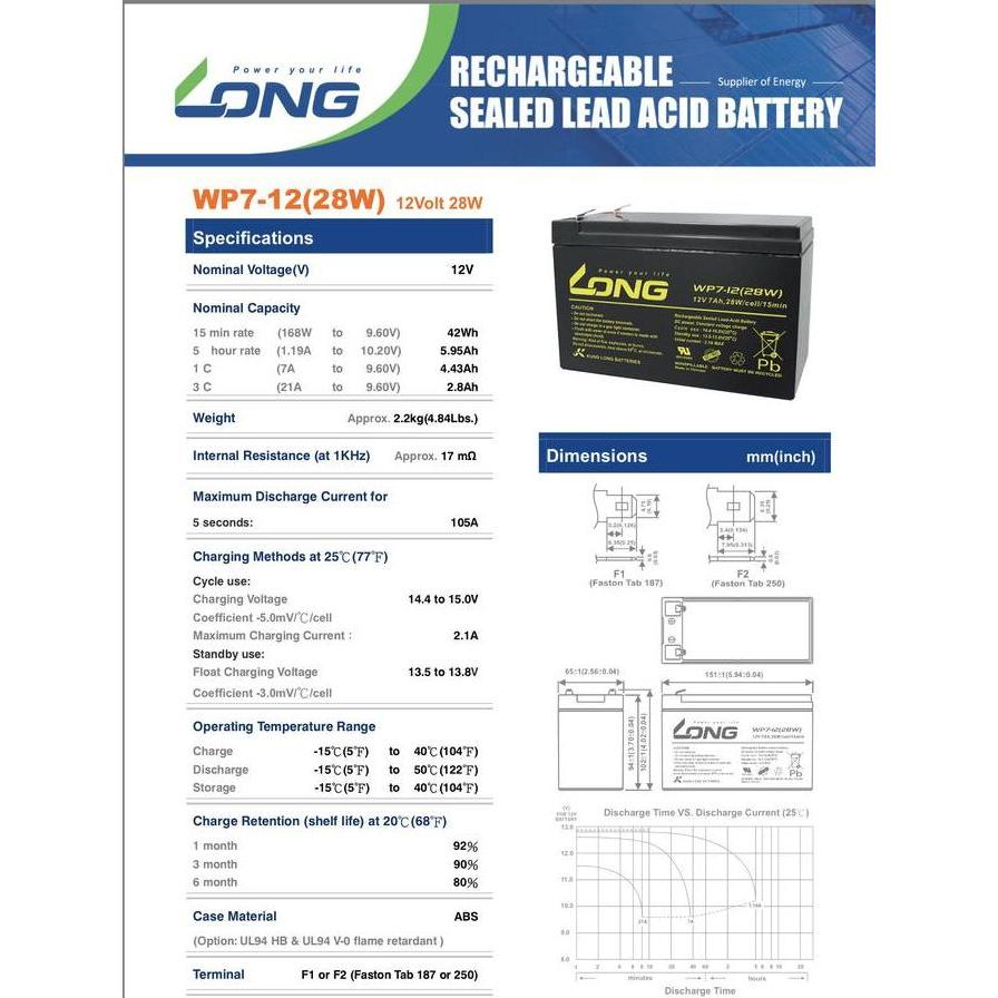 Rext- Battery Long Wp7-12(28W) 12V 7Ah Battery Long 12V 7Ah Wp7-12