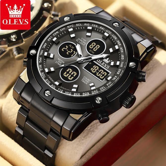 Watch- Olevs Jam Tangan Pria Anti Air Multifungsi Luminous Kalender Alarm Analog Cowok Fashion Hitam