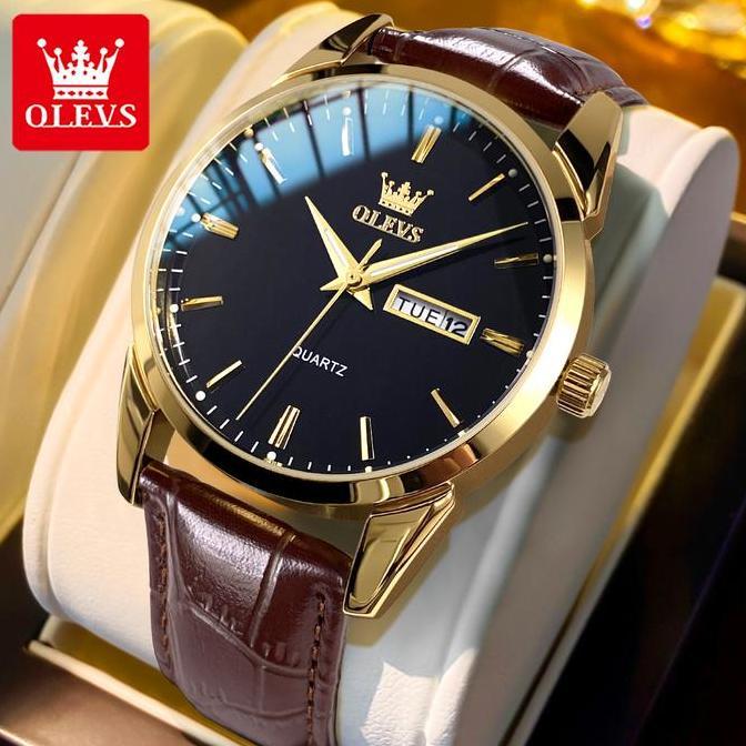 Watch- Olevs Jam Tangan Pria Anti Air Tahan Kulit Analog Men Tch Hitam Putih Biru Tches Kaca With Ko