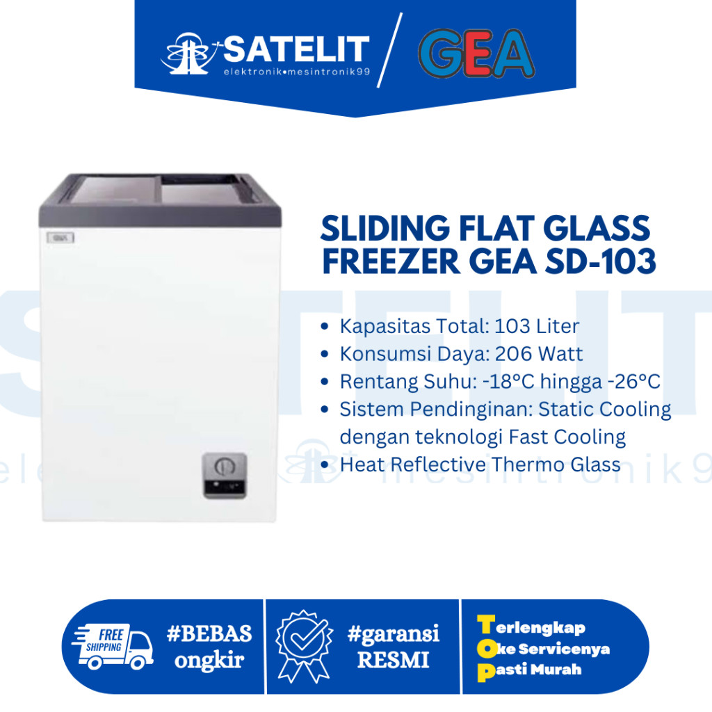 Sliding Flat Glass Freezer GEA SD-103 100L | Freezer Kaca Geser Hemat Listrik Cocok untuk Es Krim & 