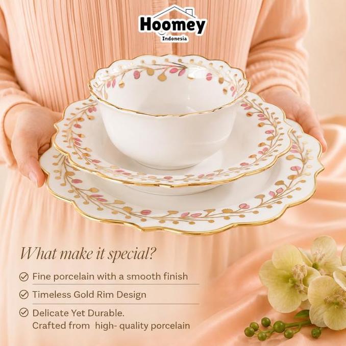 PRADIPTA.RIYADI - PIRING MANGKOK KERAMIK ESTETIK PREMIUM BELLE BLOOM GOLD RIM | HOOMEY PETITE MAISON
