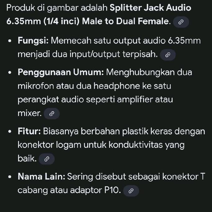 LINEAR GLOSIR ( Y AKAI CABANG JACK MIC 6.5MM ) CABANG SPLITTER JACK AUDIO 6.5MM (1/4 INCI) MALE TO D