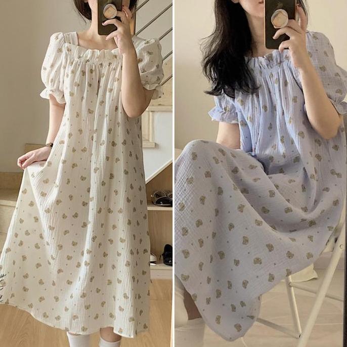 [terlaris] Baju Tidur Wanita Taemo Dress Sleepwear Daster Motif Bear Lucu Rok Tidur Kekinian Lengan 