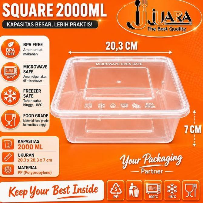 Thinwall Kotak Makan Plastik 2000ml SQ Food Container / Box Microwave Persegi / Square