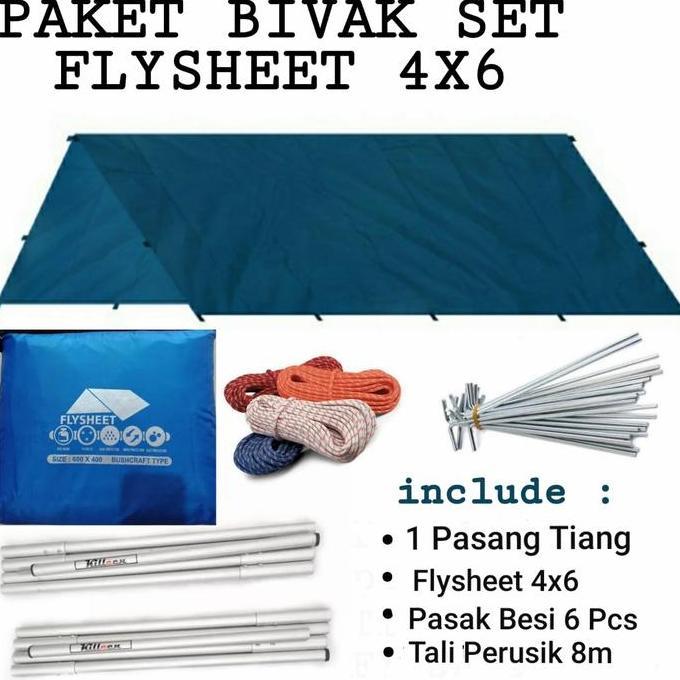 '' SET FLYSHEET 4X6 WATERPROOF DAN TIANG DOUBLE FREE PASAK DAN TALI ''