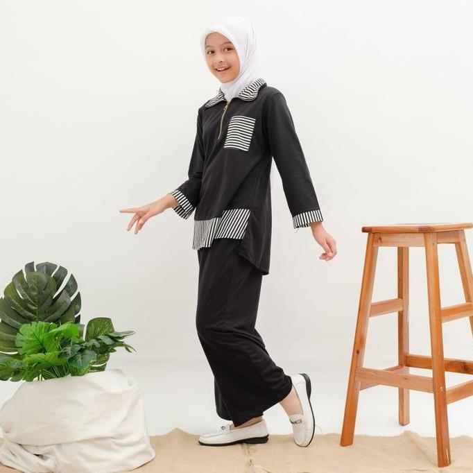 Goodseller- Applekidz Setelan Celana Anak Perempuan Tanggung Nazwa Black Fashion Muslim Baju Tunik K