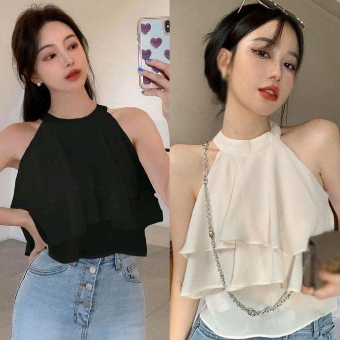 Roupas - 762 Crop Top Atasan Wanita Halter Neck Ruffle Tumpuk