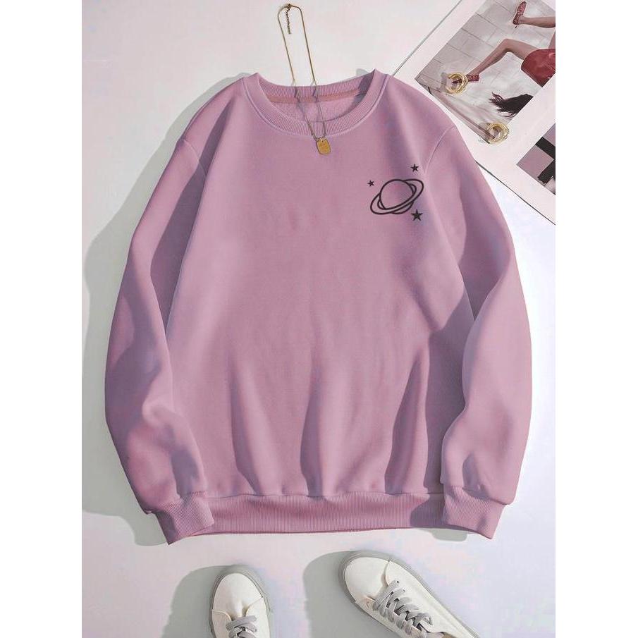 NEOCLOTH Sweater PLANET Wanita Crewneck Oblonng Remaja Dewasa Cewe flece Murah Santai Hitam Coksu Mi