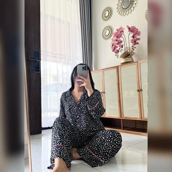 Lineu- Gentlesleep / Leopard Black Set Rayon One Set Kemeja Baju Tidur Piyama Nita Kekinian Setelan 