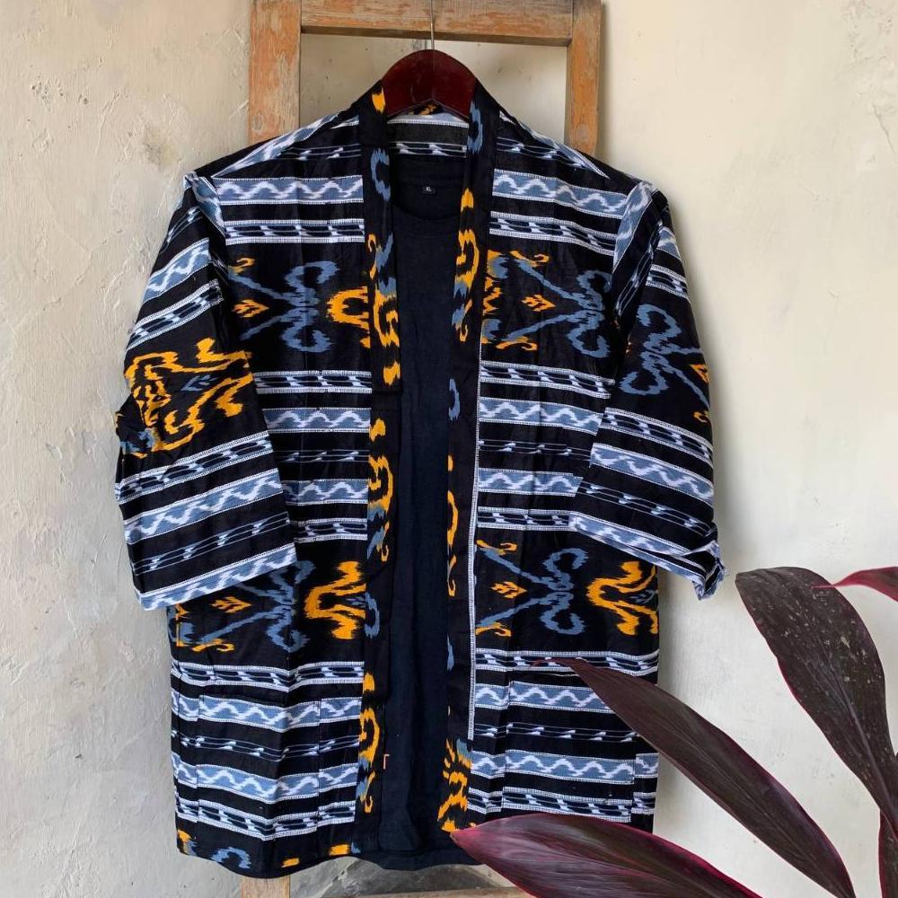 Wolv Kimono Outer Unisex Jumbo Loose Casual Lengan Pendek Outer Cardigan Pria Etnik Outerwear Tenun
