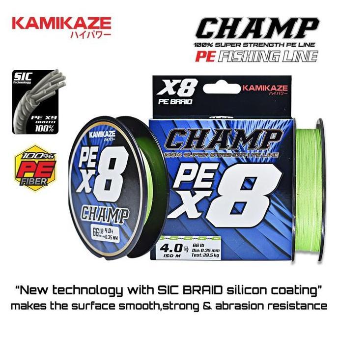 Terbaik KAMIKAZE Senar PE Pancing Champ X8 150MTR Flame Green White Collor SIC Technology X8 Braide 