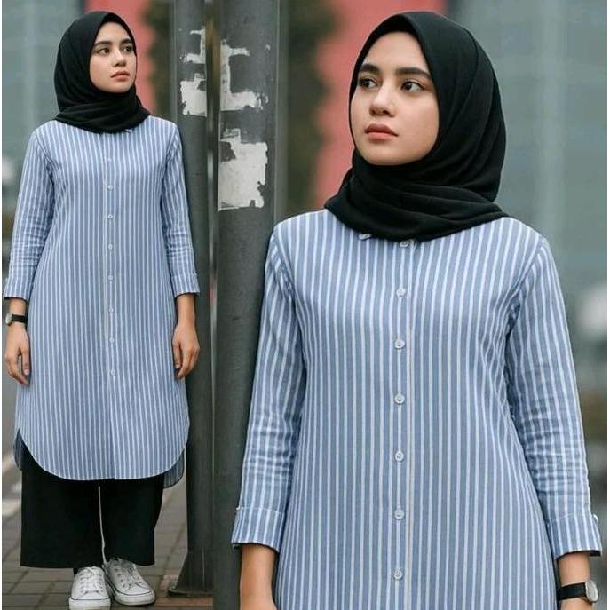 Oioioi- Diamond - Poply Long Tunik Strip - Atasan Motif Salur Tunik Panjang Muslim Remaja Nita