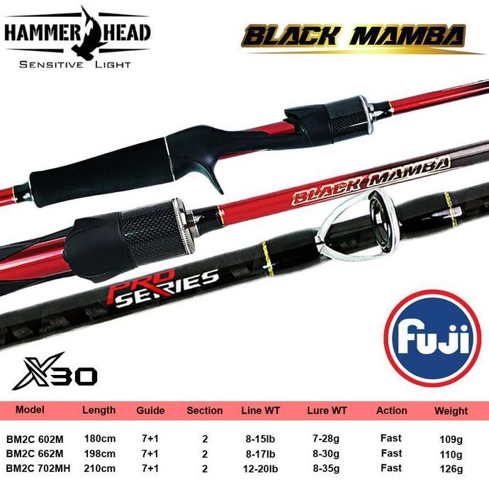 Hammer Head Joran Black Mamba Pancing Baitcasting Pro Series 180Cm - 210Cm X30 Carbon Blank Construc