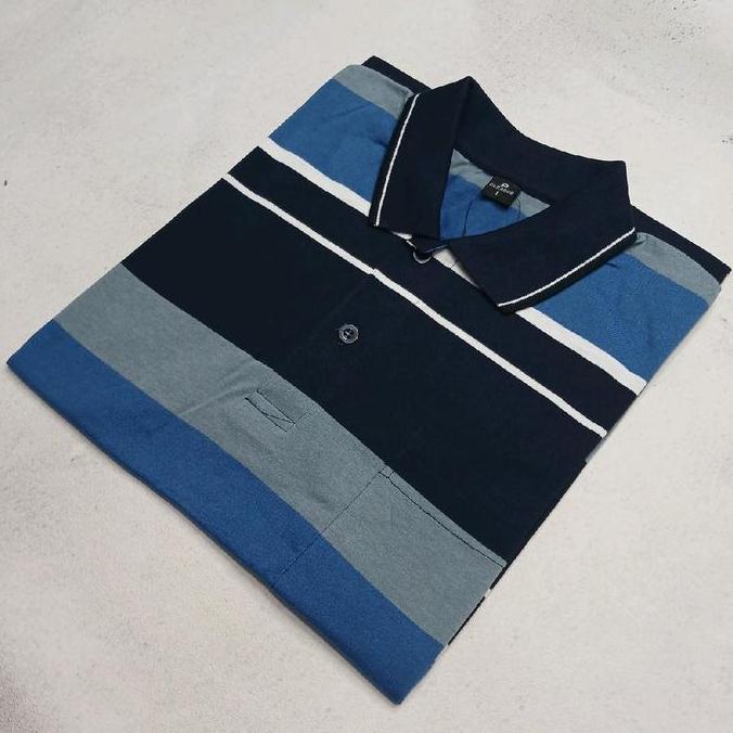 DS222 - Baju Kaos Kerah Salur Pria Dewasa Motif Kerah Katun Salur Bapak Kantong Depan Lengan Pendek 