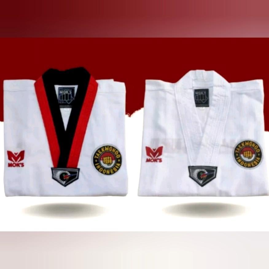 Baju seragam Taekwondo Moks/dobok MOKS pemula kerah PUTIH & MERAH HITAM Diskon