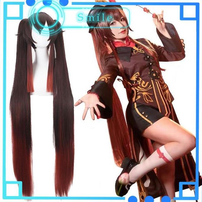 TOQMIJIN Hutao Cosplay Wig Hitam coklat Genshin Impact Hutao Anime Game Hu Tao