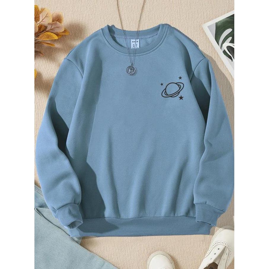 NEOCLOTH Sweater PLANET Wanita Crewneck Oblonng Remaja Dewasa Cewe flece Murah Santai Hitam Coksu Mi