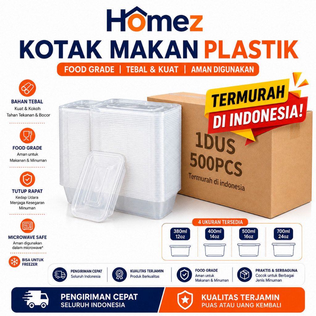 500Pcs Thinwall Rectangle Food Container Box Clear Tempat Makan Plastik Bening Kotak Makan Plastik