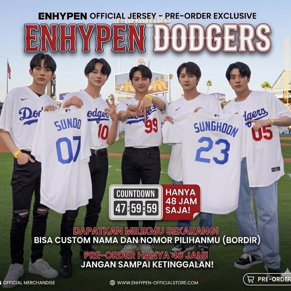 jersey baseball enhypen x dodgers white outerwear kancing aktif - custom nama & nomor - bordir