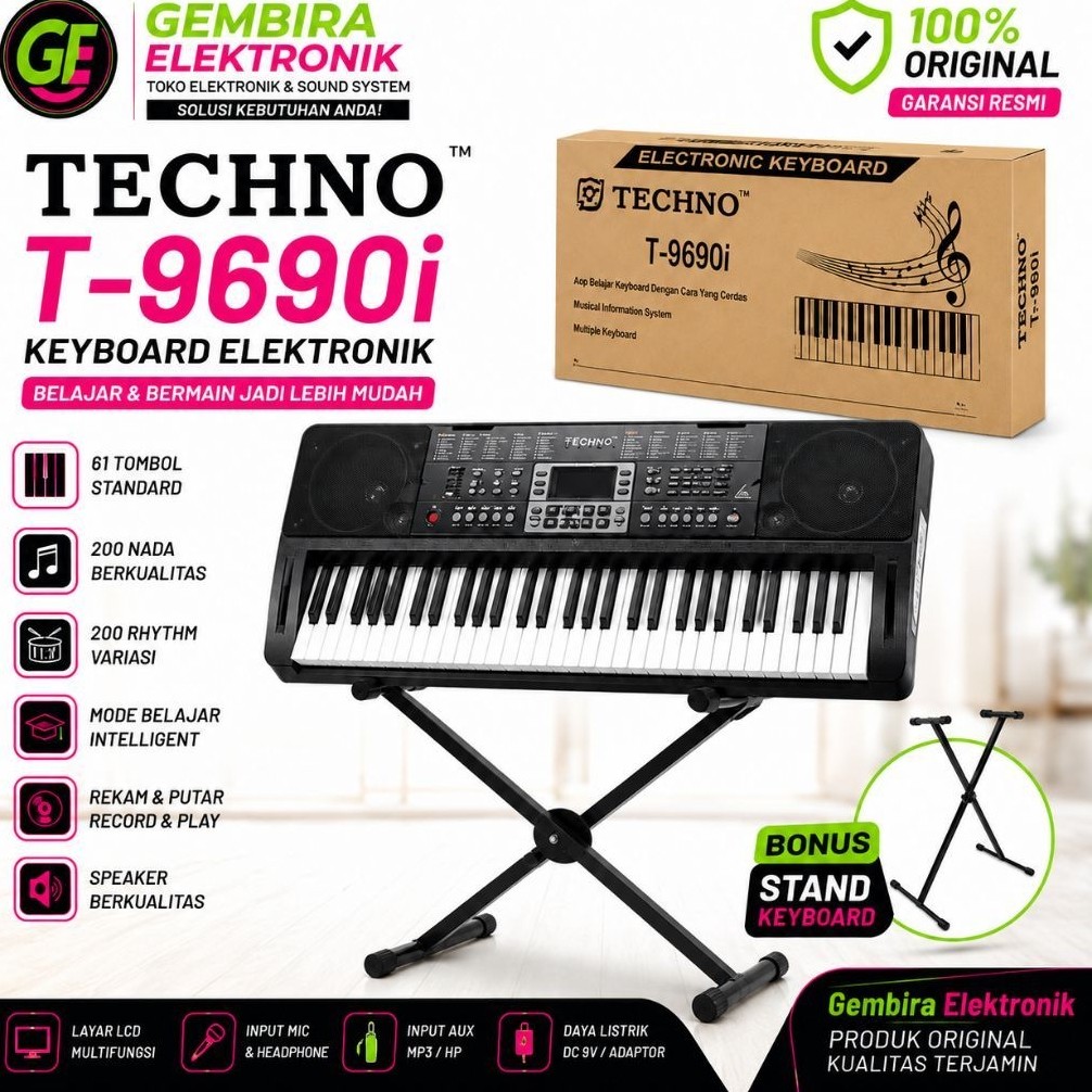 Keyboard Elektronik TECHNO T-9690i 61 Keys + Stand Keyboard | 200 Tone 200 Rhythm LCD Mic & Headphon