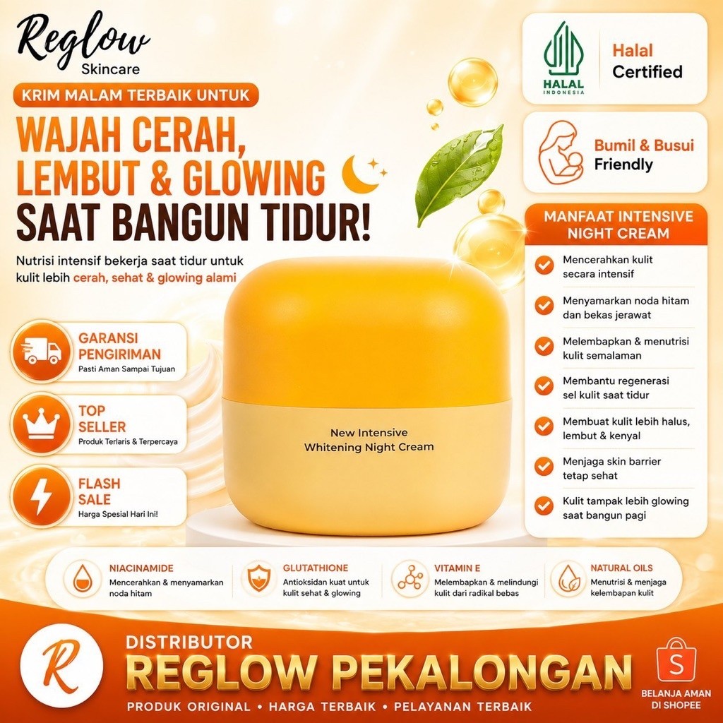 Reglow Intensive whitening night cream, cream pencerah wajah, memudarkan flek dan bekas jerawat Regl