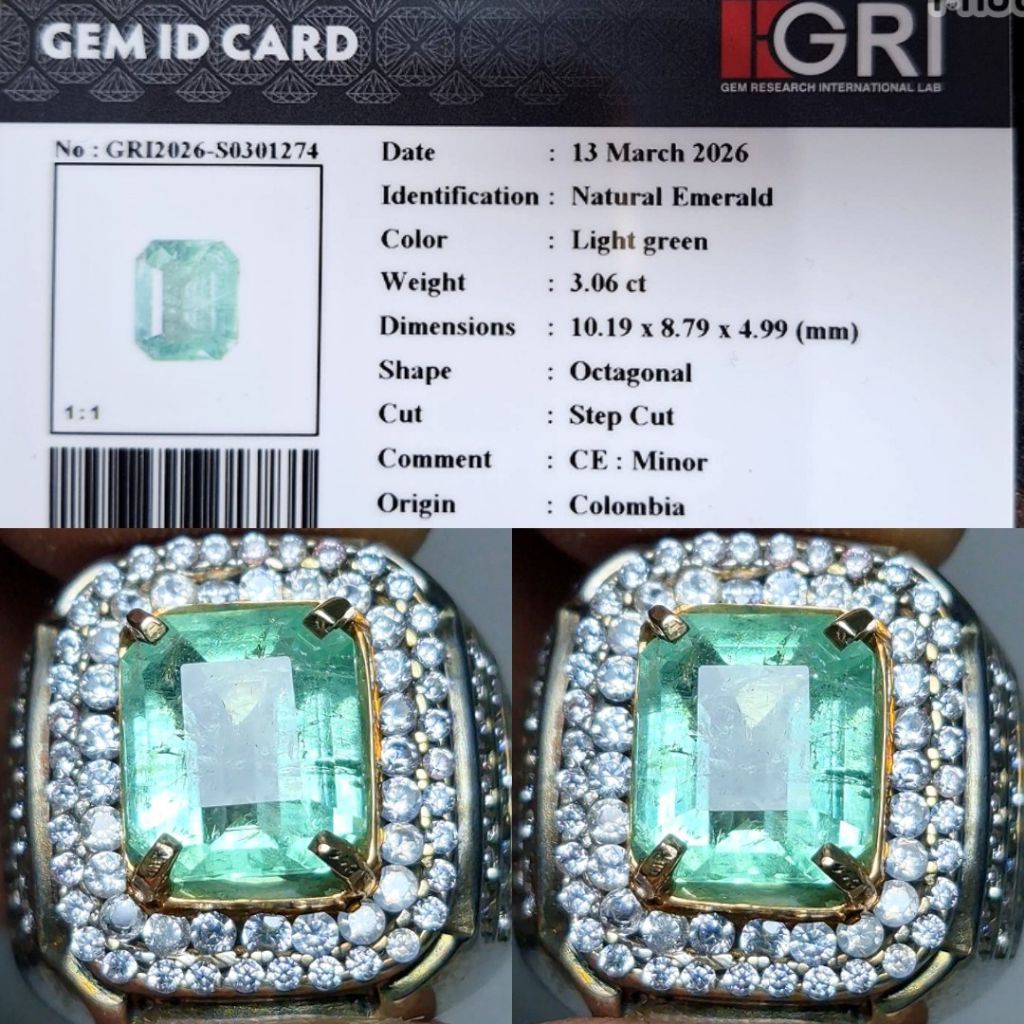 Zamrud Colombia Natural Emerald Beryl Kolombia 3.06 crt Top Kristal Freesh Green Ring Silver Perak H