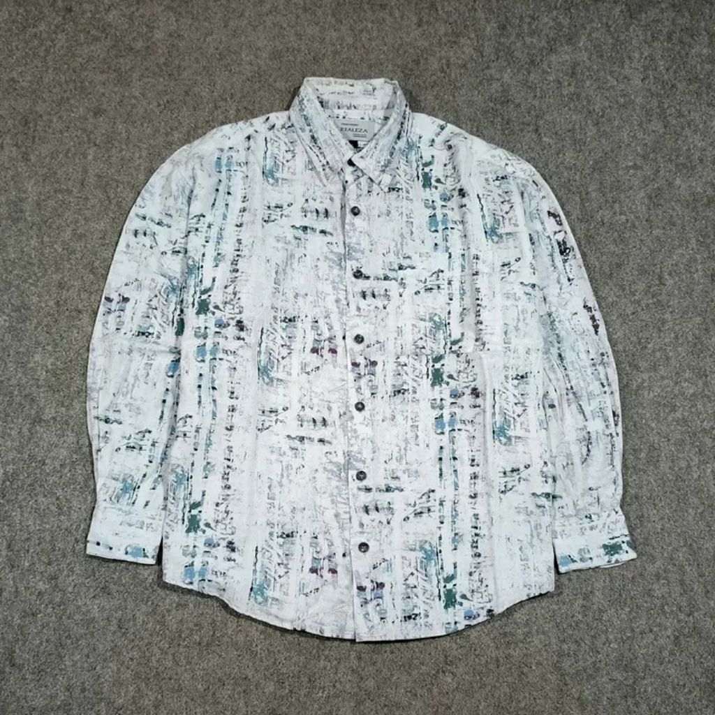 kemeja motif abstrak pria lengan panjang REALEZA size L second