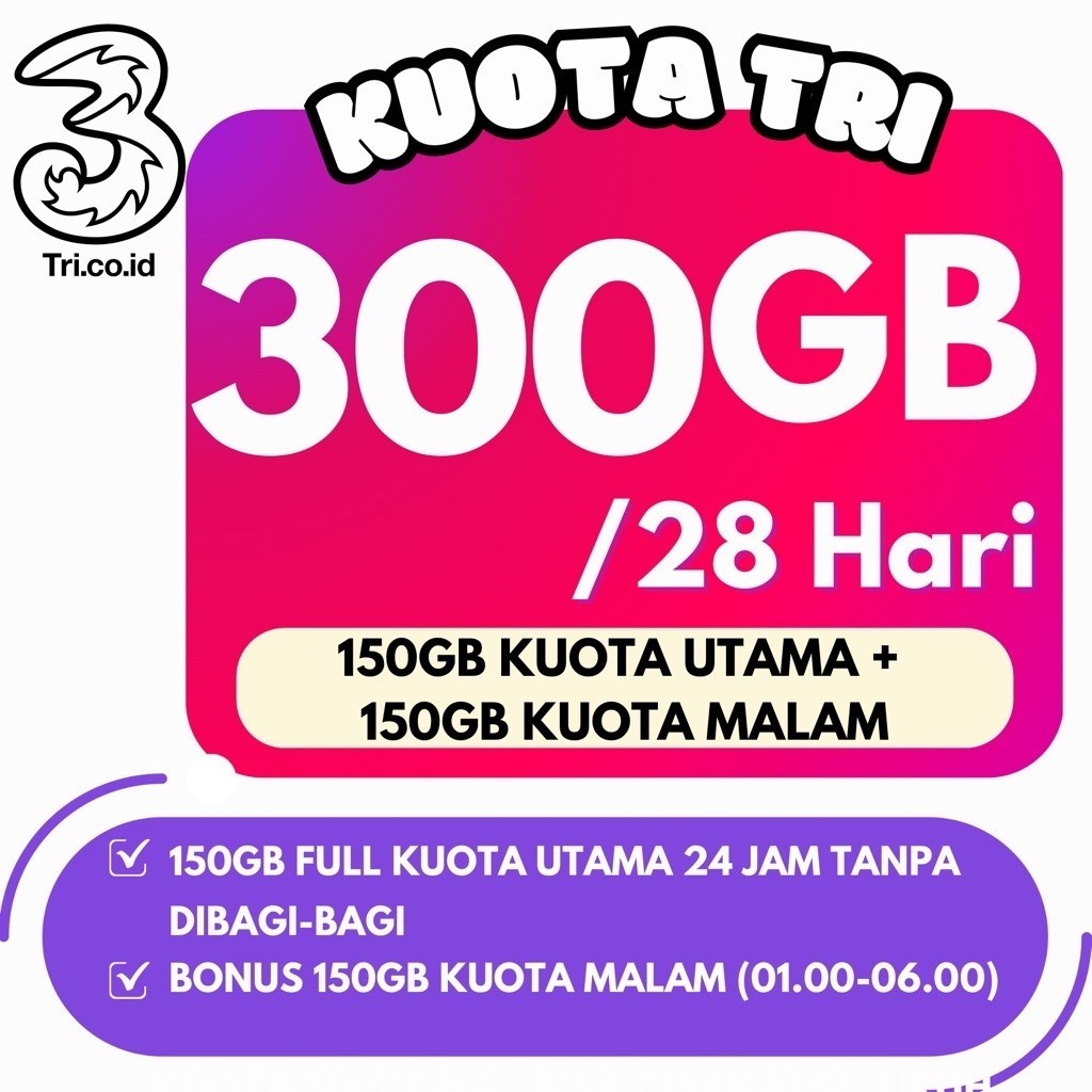 KUOTA TRI 300GB 100GB FULL KUOTA INTERNET TANPA PEMBAGIAN