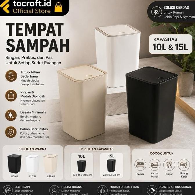 TCID Tempat Sampah Aesthetic Minimalis Hitam 10 Liter Hitam  Plastik