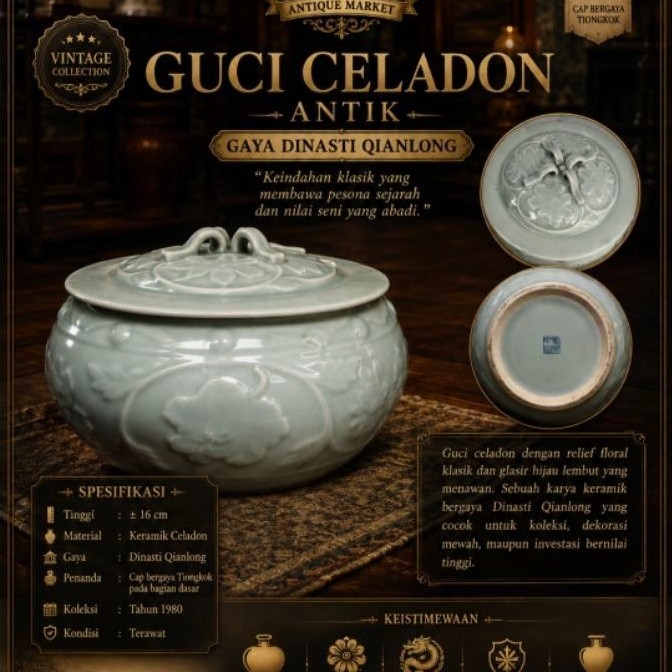 Guci Celadon Antik Gaya Dinasti Qianlong Keramik dengan Tutup Relief Floral