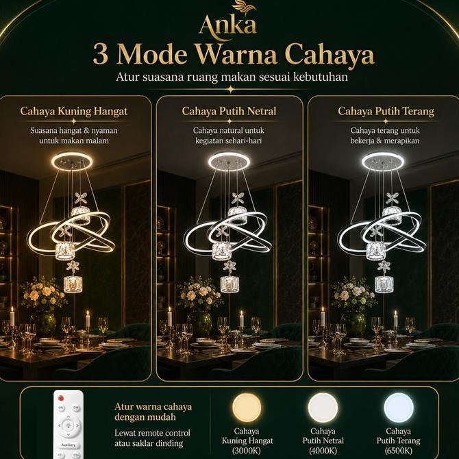 ampu Gantung Ruang Tamu Aesthetic LED 3Warnadengan Remote Control Lampu Gantung Kristal Makan Dekora