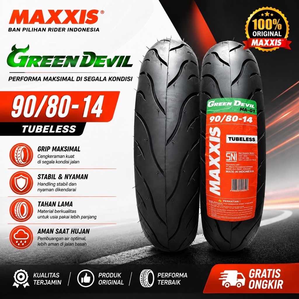 Ban Motor Matic Tubeless Maxxis Green Devil 90/80 ring 14