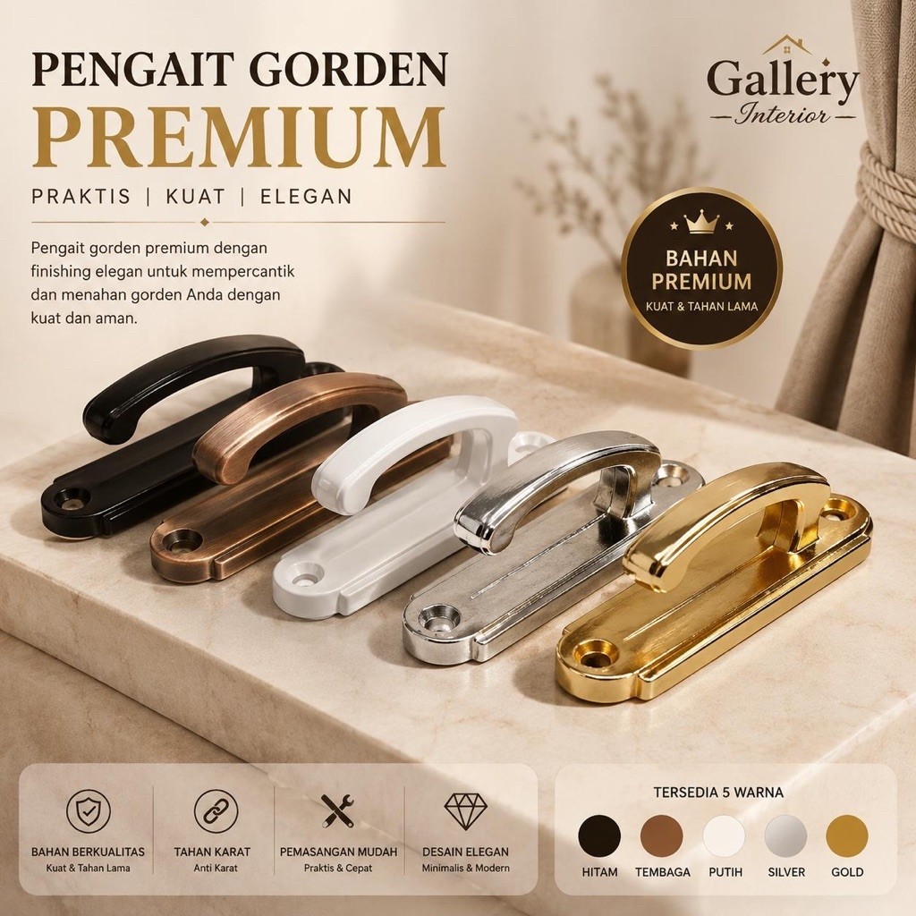 Hook Gorden Minimalis Besi, Kaitan gorden minimalis, Pengait tali gorden, cantolan gorden elegan