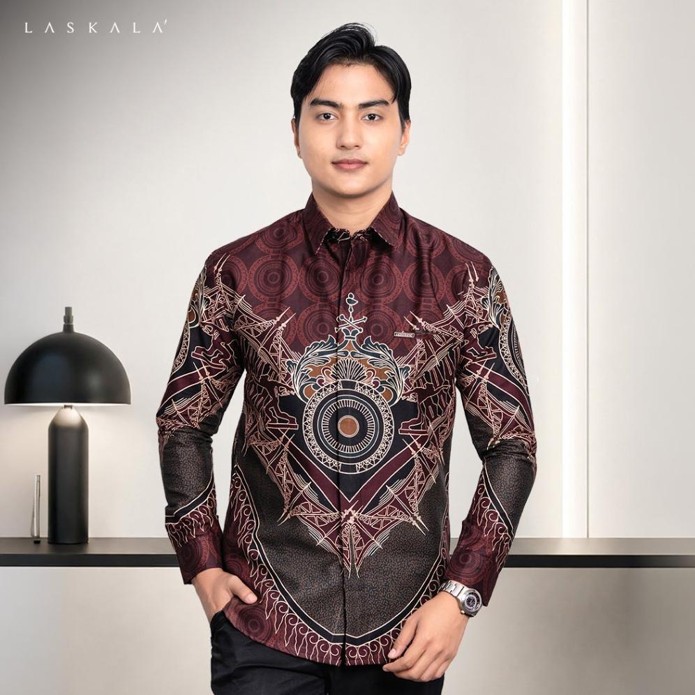 ORIGINAL LASKALA BATIK PREMIUM BUNDARAN HI MAROON KEMEJA BATIK PRIA SLIMFIT LENGAN PANJANG