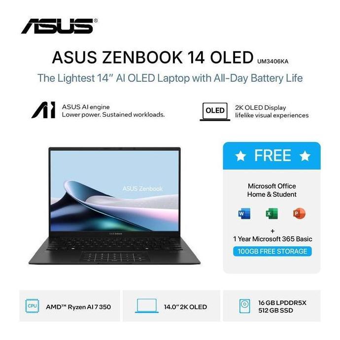 GUSFAMS - ASUS ZENBOOK 14 OLED UM3406KA RYZEN AI 7 350 16GB 512GB W11+OHS+M365B 14.0 2K