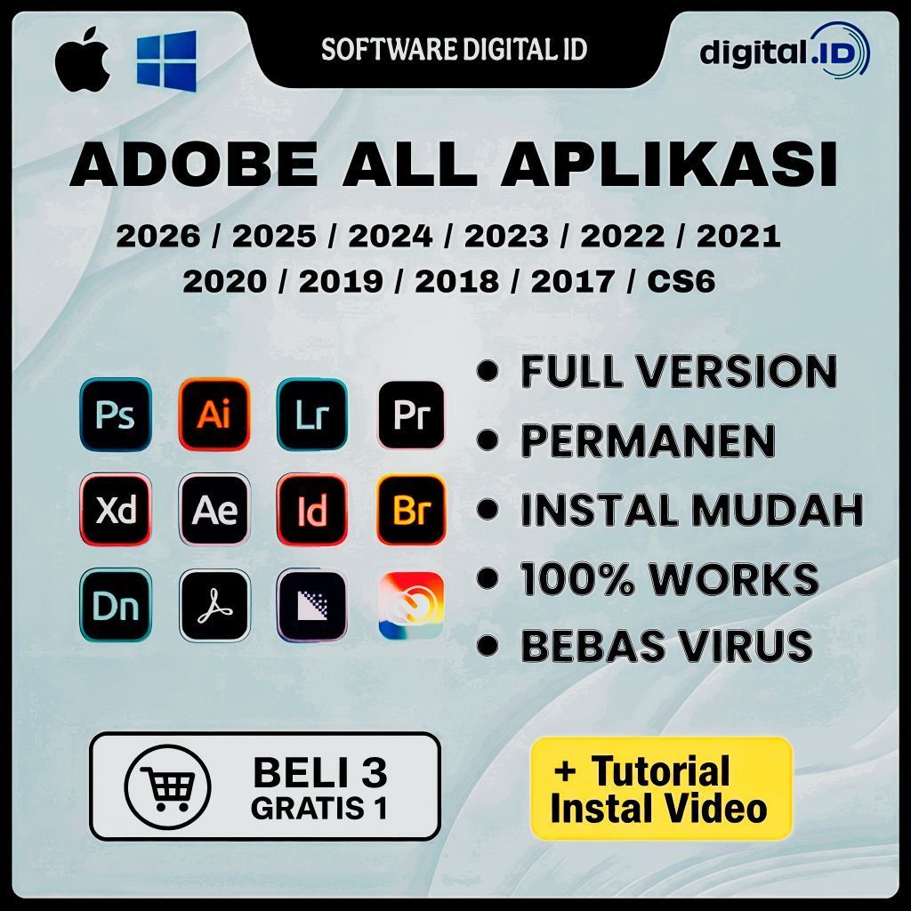 Adobe All Aplikasi ( Photoshop, Illustrator, InDesign, After Effect, Premiere Pro, Acrobat DC Pro, M